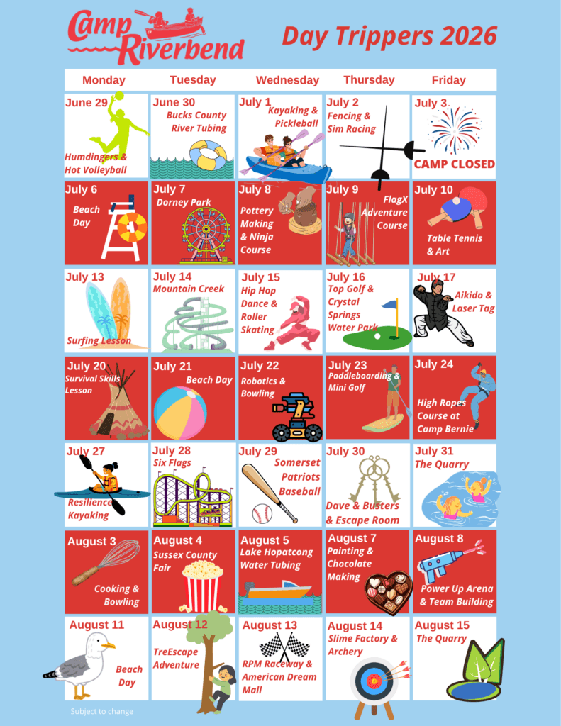 Camp Riverbend 2026 Day Trippers calendar