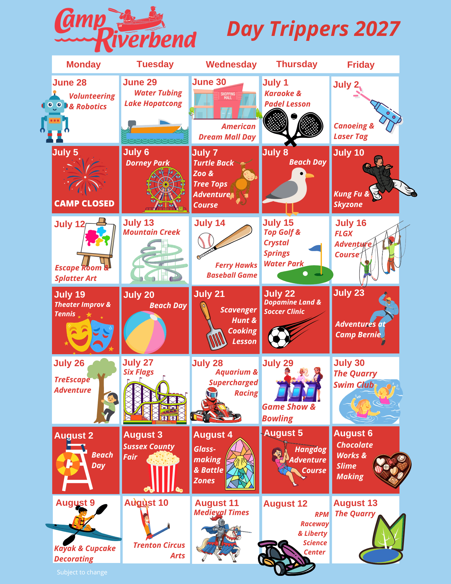 Camp Riverbend 2027 Day Trippers calendar